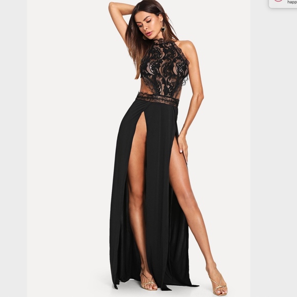 Lace Detail High Slit Halter Neck Black Maxi Dress - Picture 2 of 8